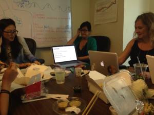 Brown Bag Lunch – Rae (in the middle) teaches basics of coding to the team. Photo credit: Christopher Fabian, New York