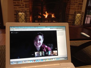 2013, Pennsylvania, The US. Working virtually in front of a fireplace at a hotel lobby in Pennsylvania. Photo credit: Erika Pursiainen, UNICEF Innovation Unit, NYHQ
