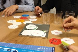 Test playing the tile game. Photo credit: Erika Pursiainen, Innovation Unit, UNICEF NYHQ