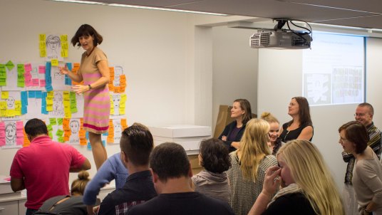 Katja hanging up our beautiful group picture.