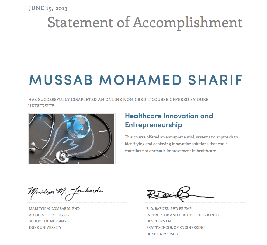 Mussab Healthcare Innovaiton & Entrepreneurship Certifcaton
