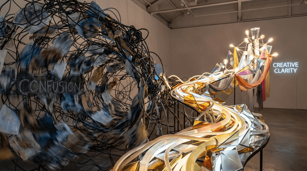 Installation showing a tangled mass labeled CONFUSION transitioning into a glowing path toward CREATIVE CLARITY.