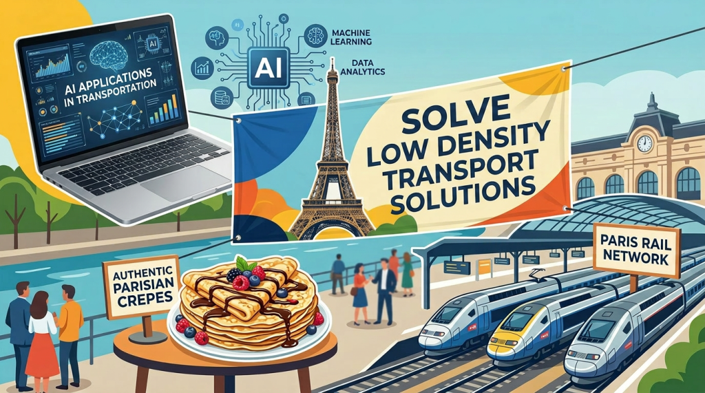 Illustration showing AI applications in Paris transportation, authentic Parisian crepes, and the Paris rail network with Eiffel Tower background
