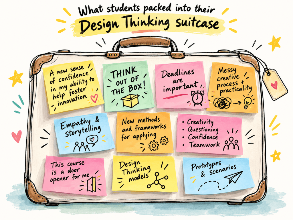 Illustrated Design Thinking suitcase filled with students’ key learnings, including empathy, creativity, confidence, teamwork, questioning, new methods, prototyping and learning through a  creative process.